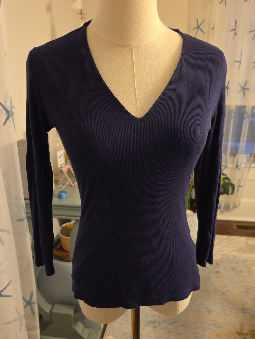 INC International Concepts Navy Ribbed V-Neck 3/4 Sleeved Top